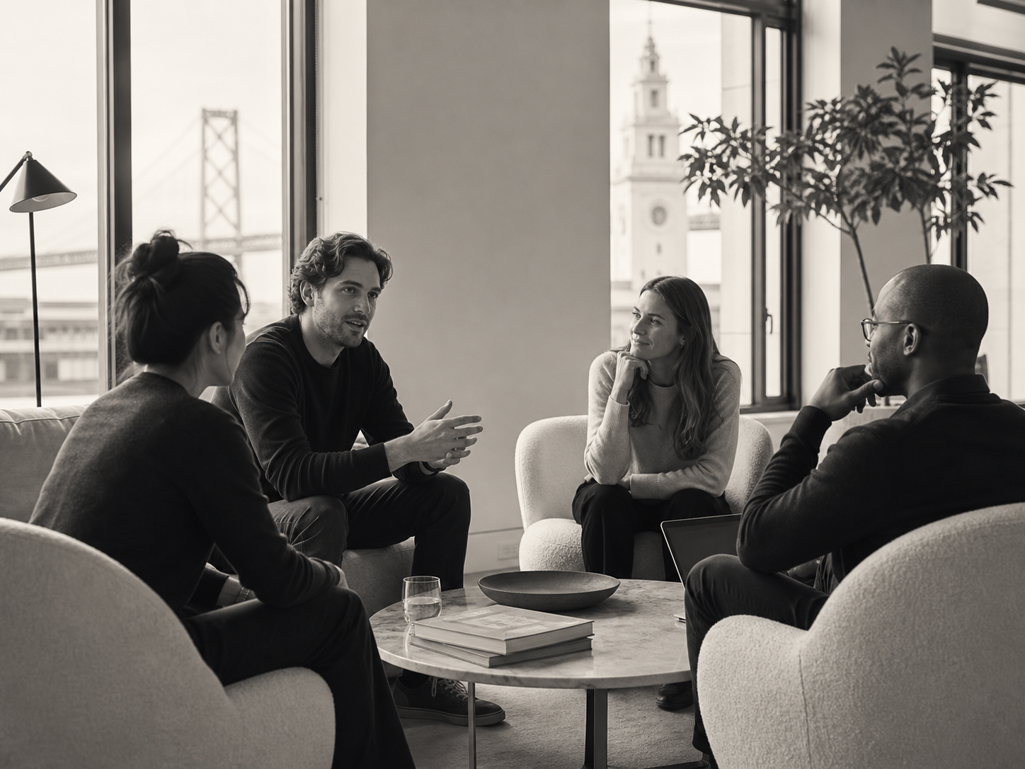 A small group in conversation in a bright meeting room