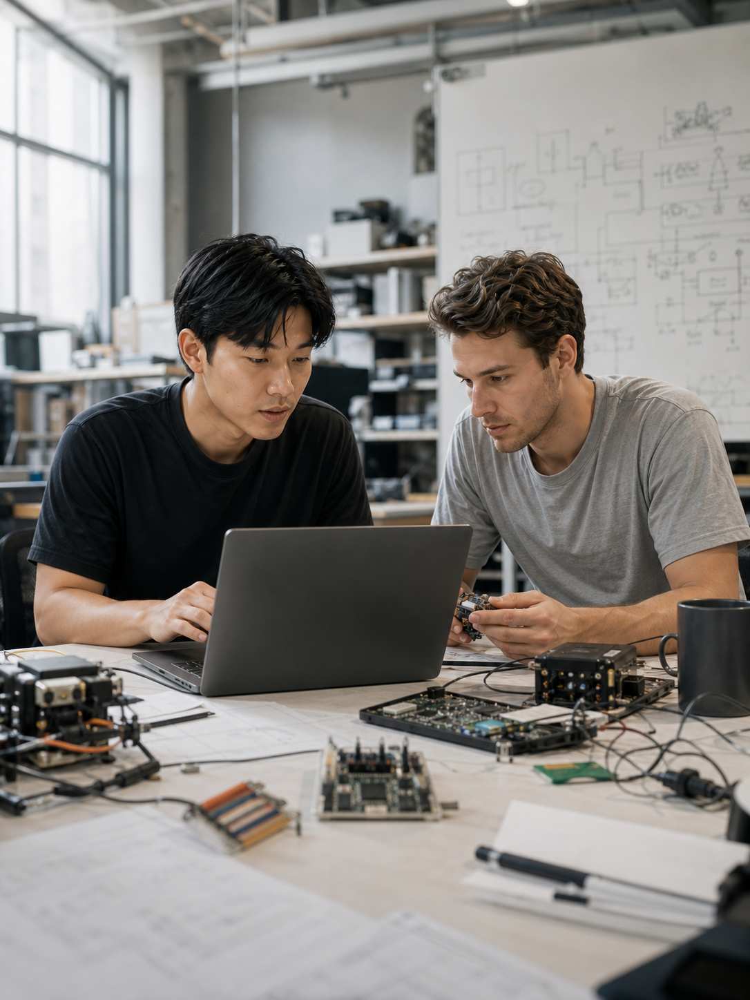 Two technology founders working together on an early prototype