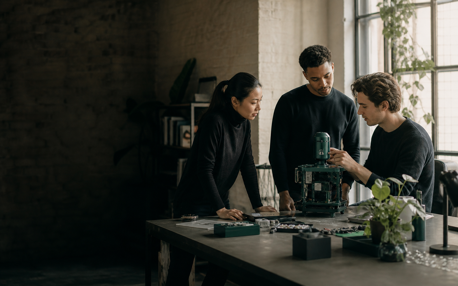 Three founders reviewing an early AI hardware prototype in a workshop